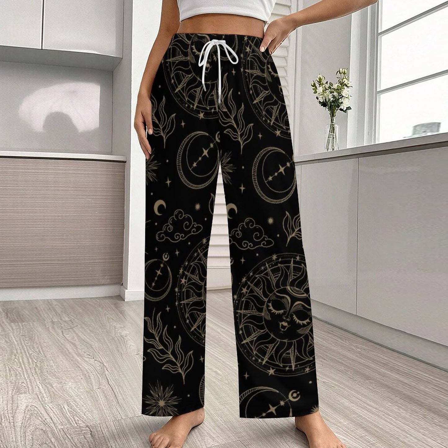 170gsm Faux Cotton Drawstring Women Wide Leg Pajamas Pants LM072 (All-Over Printing)