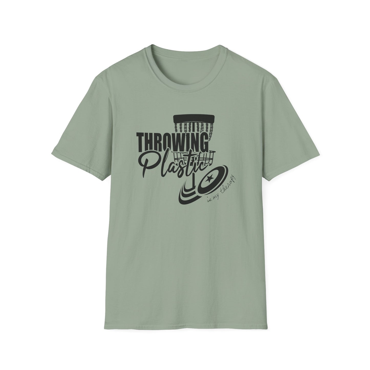 THROWING PLASTIC IS MY THERAPY - DISC GOLF Unisex Softstyle T-Shirt