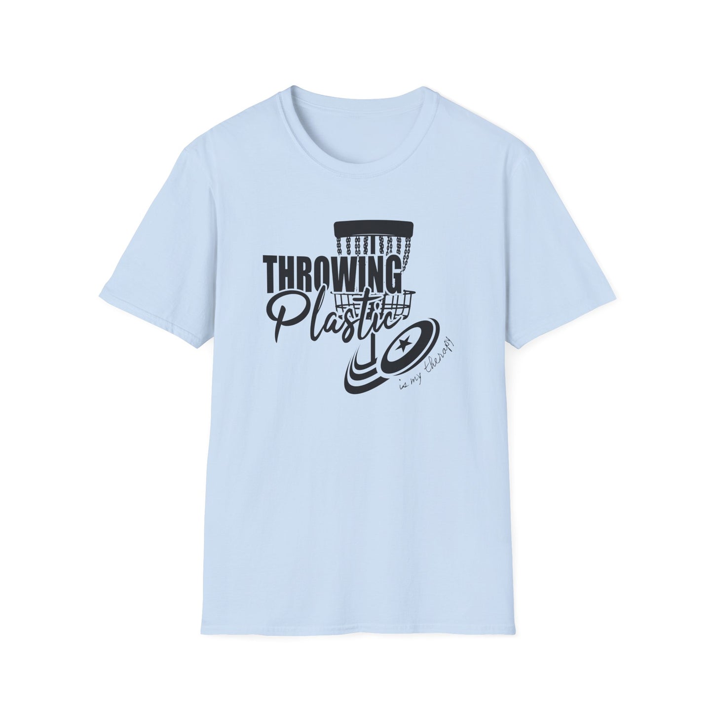 THROWING PLASTIC IS MY THERAPY - DISC GOLF Unisex Softstyle T-Shirt