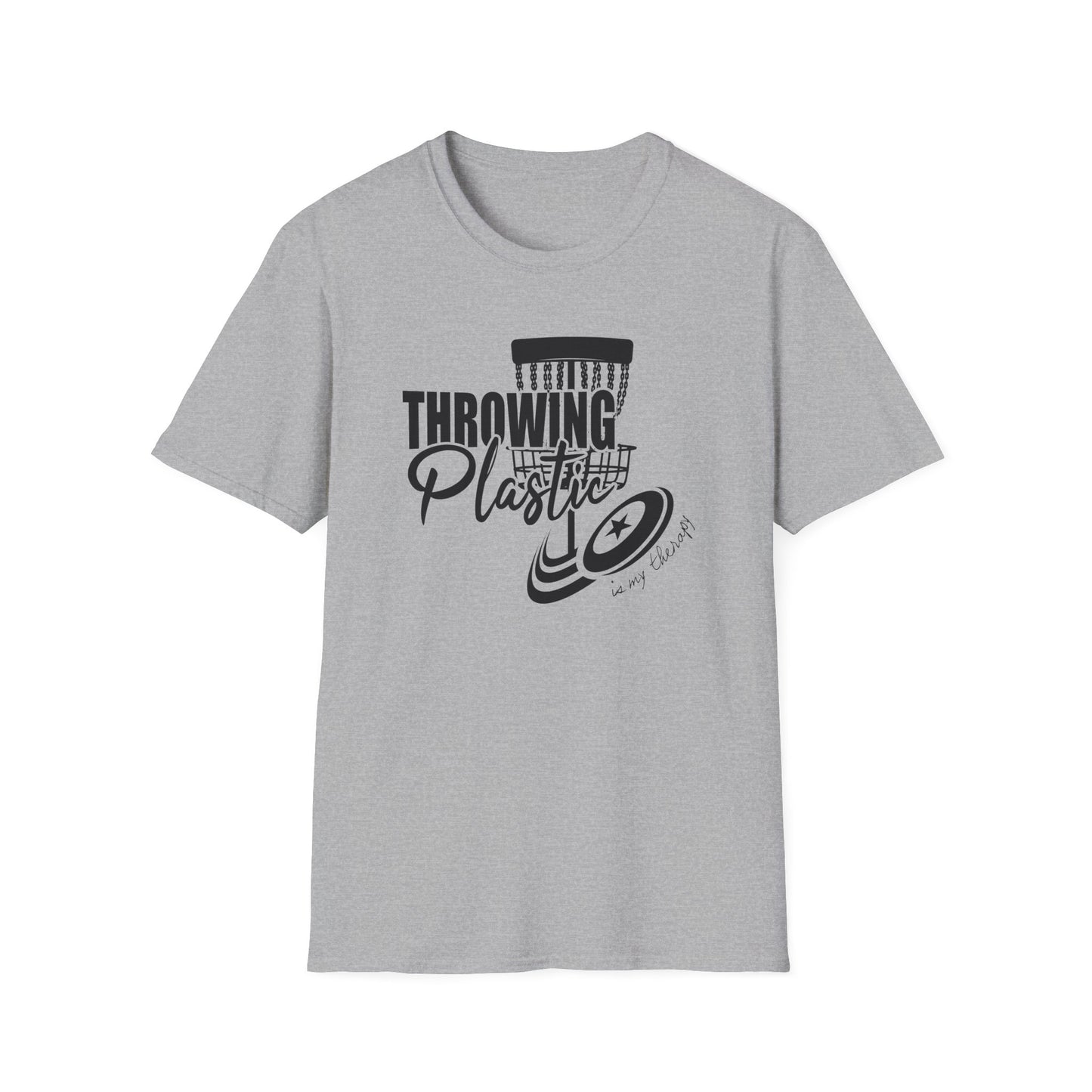 THROWING PLASTIC IS MY THERAPY - DISC GOLF Unisex Softstyle T-Shirt