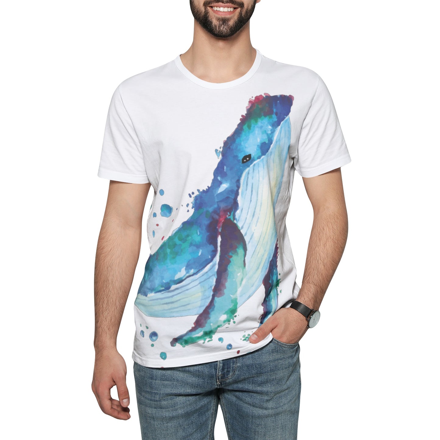 ANACORTES WATER COLOR WHALE Unisex All-Over Print Cotton T-shirts