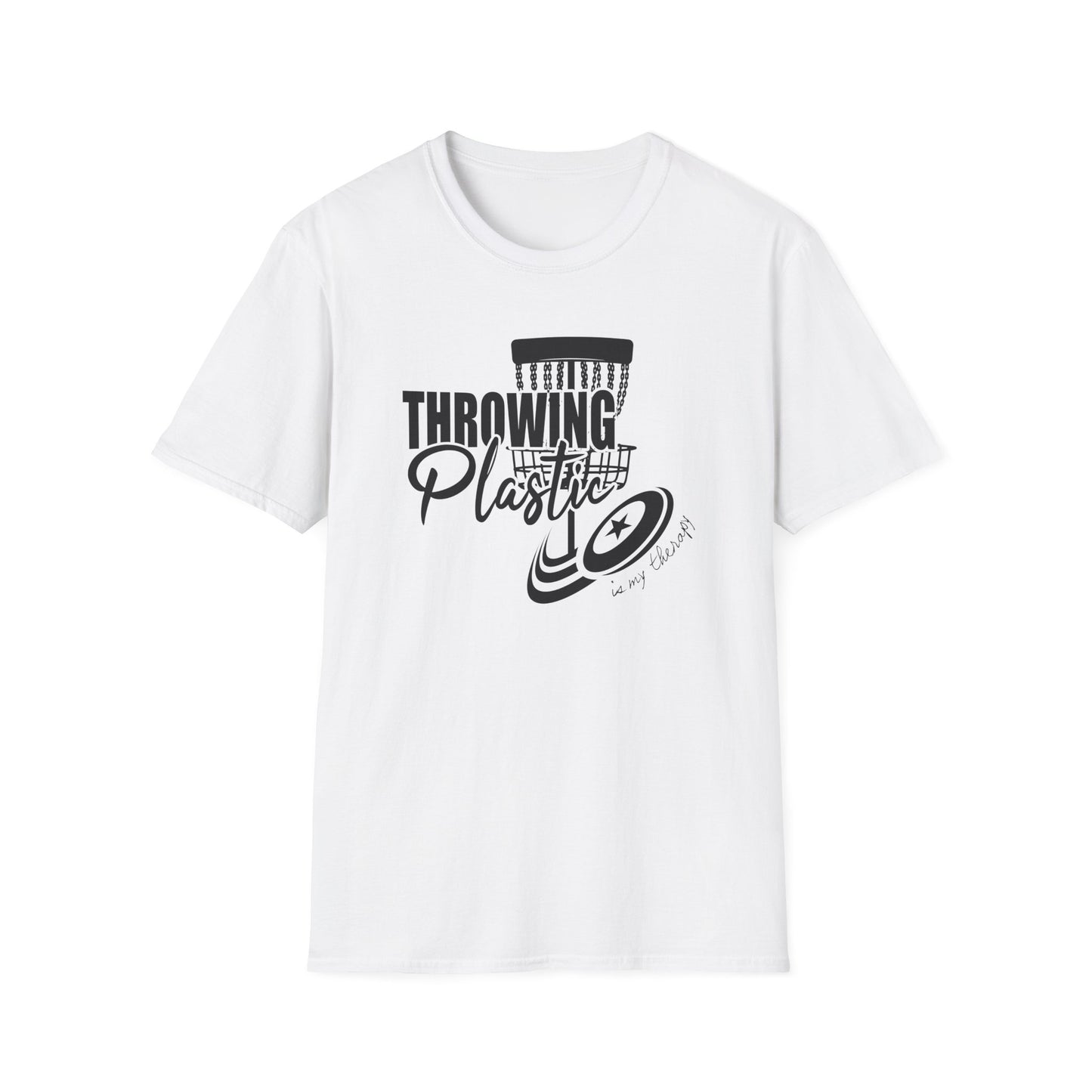 THROWING PLASTIC IS MY THERAPY - DISC GOLF Unisex Softstyle T-Shirt