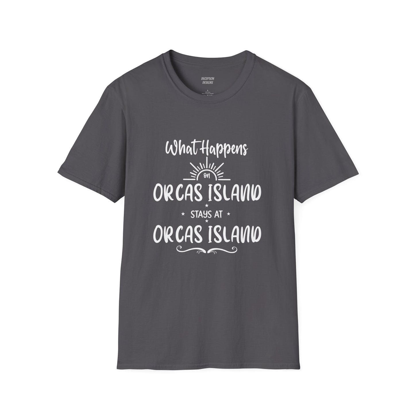 WHAT HAPPENS ON ORCAS Unisex Softstyle T-Shirt