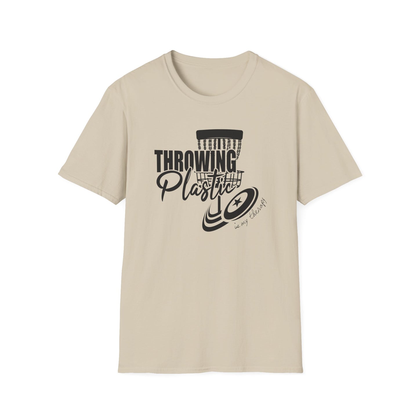THROWING PLASTIC IS MY THERAPY - DISC GOLF Unisex Softstyle T-Shirt