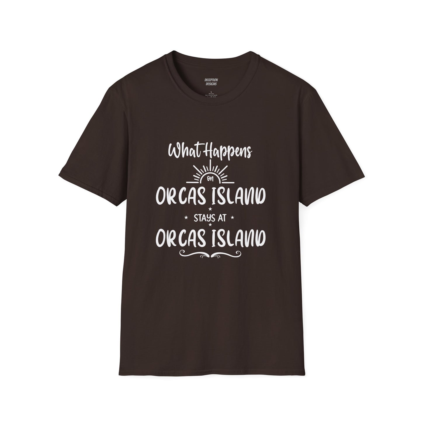 WHAT HAPPENS ON ORCAS Unisex Softstyle T-Shirt