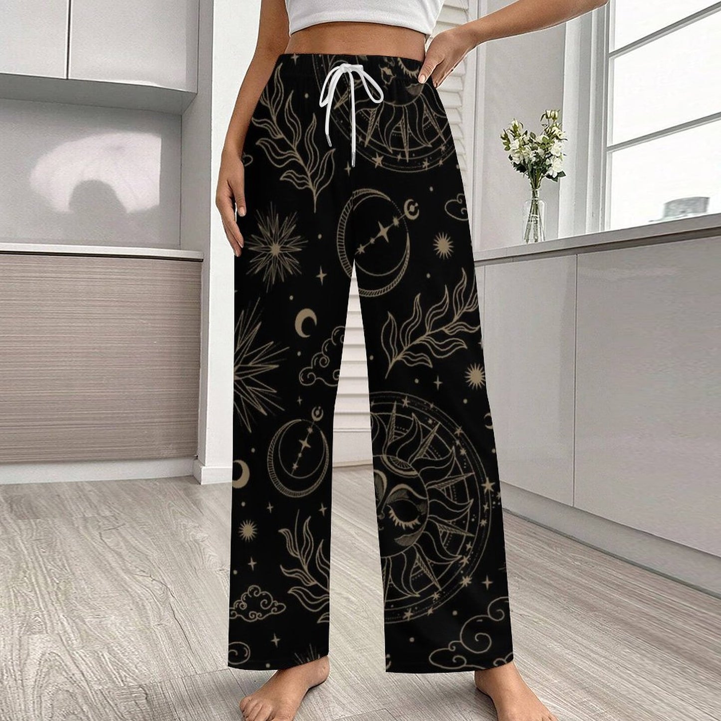 170gsm Faux Cotton Drawstring Women Wide Leg Pajamas Pants LM072 (All-Over Printing)